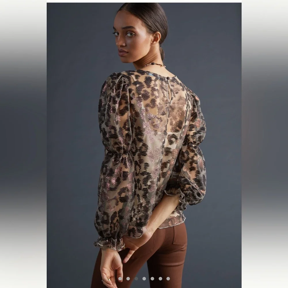 NWT- Anthropologie - Eva Franco - Sheer Puff Sleeve Leopard Print Blouse Size M